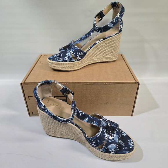 Lauren Ralph Lauren Hale Platform Sandal Blue Floral Espadrille Wedge 10 NIB - Picture 2 of 11